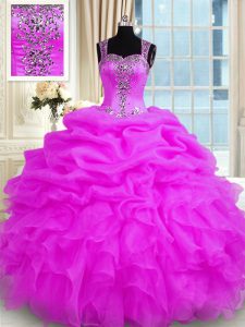 Fuchsia Ball Gowns Beading and Ruffles 15 Quinceanera Dress Zipper Organza Sleeveless Floor Length