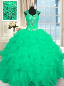 Cap Sleeves Organza Floor Length Lace Up Quinceanera Dresses in Turquoise with Beading and Ruffles and Pattern