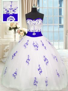 White Tulle Lace Up Sweetheart Sleeveless Floor Length Quinceanera Dresses Embroidery and Belt