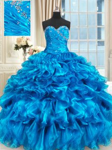 Eye-catching Baby Blue Three Pieces Sweetheart Sleeveless Organza Floor Length Lace Up Beading and Ruffles Quinceanera D