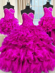 Affordable Four Piece Beading and Ruffles and Ruching Sweet 16 Dress Fuchsia Lace Up Sleeveless Floor Length