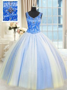 High Quality Blue And White Lace Up Quince Ball Gowns Beading and Sequins Sleeveless Floor Length
