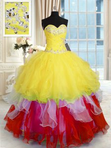 Suitable Multi-color Ball Gowns Sweetheart Sleeveless Organza Floor Length Lace Up Beading and Ruffles Quinceanera Gown