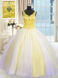 Nice Multi-color Tulle Lace Up V-neck Sleeveless Floor Length Quinceanera Dress Beading and Sequins