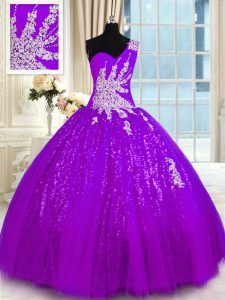 Fancy One Shoulder Purple Tulle and Sequined Lace Up Quinceanera Dress Sleeveless Floor Length Appliques