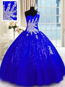Inexpensive Ball Gowns Quinceanera Dresses Royal Blue One Shoulder Tulle and Sequined Sleeveless Floor Length Lace Up