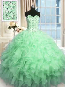 Colorful Beading and Ruffles and Sequins Quince Ball Gowns Apple Green Lace Up Sleeveless Floor Length