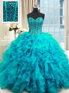 Cheap Baby Blue Sleeveless Beading and Ruffles and Sequins Floor Length Sweet 16 Quinceanera Dress