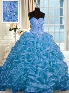 Pick Ups Sweep Train Ball Gowns Ball Gown Prom Dress Blue Sweetheart Organza Sleeveless Lace Up