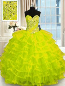 Artistic Yellow Green Lace Up Sweetheart Beading and Ruffled Layers Sweet 16 Quinceanera Dress Organza Sleeveless