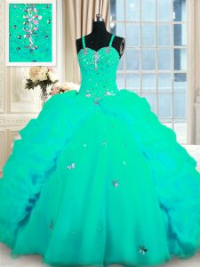 Modest Turquoise Ball Gowns Organza Spaghetti Straps Sleeveless Beading and Ruffles With Train Lace Up Sweet 16 Dress Sw