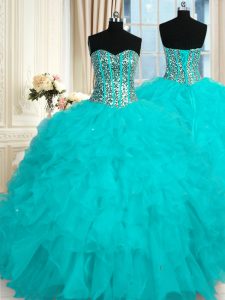 Glamorous Baby Blue Organza Lace Up Sweetheart Sleeveless Floor Length Quinceanera Dress Beading and Ruffles