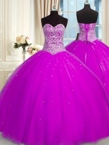 Luxury Sweetheart Sleeveless 15 Quinceanera Dress Floor Length Beading and Sequins Fuchsia Organza