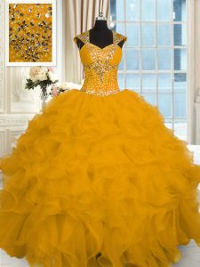 Colorful Gold Ball Gowns Straps Cap Sleeves Organza Floor Length Lace Up Beading and Ruffles 15th Birthday Dress