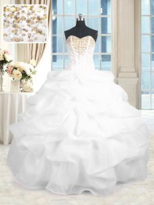 Sweet White Sweetheart Lace Up Beading and Ruffles Ball Gown Prom Dress Sleeveless