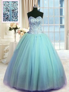 Excellent Light Blue Organza Lace Up Sweetheart Sleeveless Floor Length Ball Gown Prom Dress Beading and Ruching