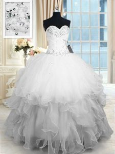 Super Sleeveless Organza Floor Length Lace Up Sweet 16 Quinceanera Dress in White with Beading and Ruffles