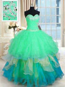 Sweetheart Sleeveless 15 Quinceanera Dress Floor Length Beading and Appliques and Ruffles Multi-color Organza