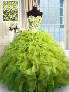 Exquisite Sleeveless Floor Length Beading and Ruffles Lace Up 15 Quinceanera Dress with Olive Green