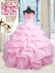 Delicate Pink Ball Gowns Beading and Ruffles 15th Birthday Dress Lace Up Organza Sleeveless Floor Length