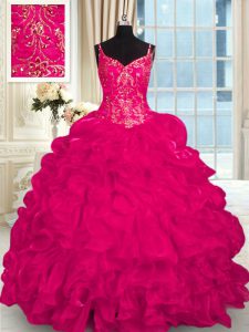 Hot Pink Lace Up Spaghetti Straps Beading and Embroidery and Ruffles 15 Quinceanera Dress Organza Sleeveless Brush Train