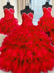 Four Piece Red Ball Gown Prom Dress Military Ball and Sweet 16 and Quinceanera and For with Beading and Ruffles and Ruch