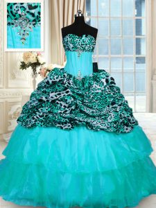 Strapless Sleeveless Quinceanera Gowns Sweep Train Beading and Ruffled Layers Aqua Blue Organza and Printed