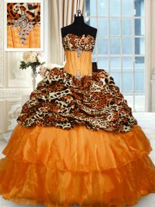 Popular Printed Orange Quinceanera Gown Military Ball and Sweet 16 and Quinceanera and For with Beading and Ruffled Laye