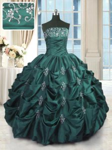 Taffeta Sleeveless Floor Length Sweet 16 Quinceanera Dress and Beading and Appliques and Embroidery and Pick Ups