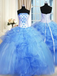 Sleeveless Tulle Floor Length Lace Up Sweet 16 Quinceanera Dress in Blue with Pick Ups and Hand Made Flower