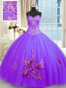 Fantastic Purple Sweetheart Neckline Beading and Appliques and Embroidery 15th Birthday Dress Sleeveless Lace Up