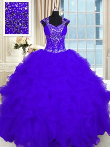 Purple Straps Lace Up Beading and Ruffles Quinceanera Dress Cap Sleeves