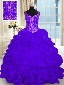 Custom Designed Sleeveless Organza Brush Train Lace Up Quince Ball Gowns in Purple with Beading and Embroidery and Ruffl