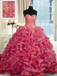 Red Lace Up Quince Ball Gowns Beading and Pick Ups Sleeveless With Train