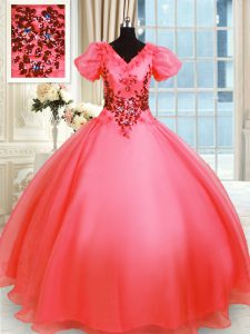 High End V-neck Short Sleeves Lace Up Sweet 16 Dress Coral Red Organza