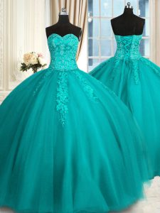 On Sale Teal Lace Up Quinceanera Gowns Appliques and Embroidery Sleeveless Floor Length
