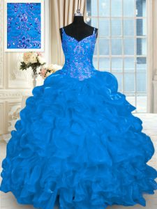 Most Popular Blue Lace Up Vestidos de Quinceanera Beading and Embroidery and Ruffles and Pick Ups Sleeveless Brush Train