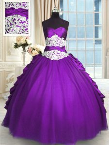 Purple Ball Gowns Sweetheart Sleeveless Taffeta Floor Length Lace Up Beading and Lace and Ruching and Pick Ups Vestidos 