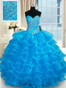 Dazzling Blue Organza Lace Up Sweetheart Sleeveless Floor Length Quinceanera Dress Beading and Ruffled Layers