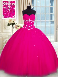Fuchsia Tulle Lace Up Sweet 16 Dresses Sleeveless Floor Length Beading