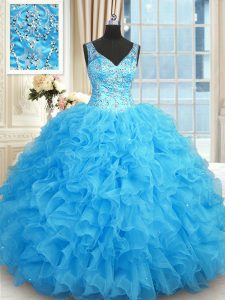 Great Blue Sleeveless Floor Length Beading and Ruffles Zipper Sweet 16 Dresses