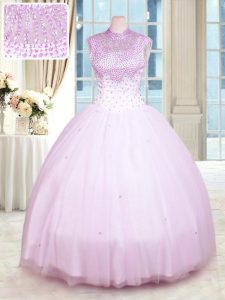 Nice Lilac Tulle Zipper Quinceanera Dress Sleeveless Floor Length Beading