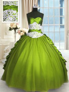 Floor Length Olive Green Quinceanera Dresses Taffeta and Tulle Sleeveless Beading and Lace and Appliques and Ruching