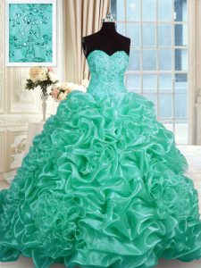 With Train Turquoise Quinceanera Gown Organza Sleeveless Beading and Pick Ups