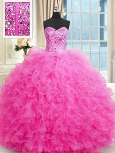 Exceptional Hot Pink Ball Gowns Tulle Sweetheart Sleeveless Beading and Ruffles Floor Length Lace Up Quinceanera Gowns
