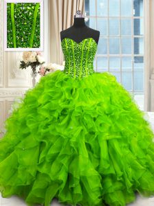 Affordable Sleeveless Floor Length Beading and Ruffles and Sequins Lace Up Vestidos de Quinceanera with
