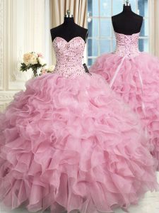 Extravagant Organza Sweetheart Sleeveless Lace Up Beading and Ruffles Ball Gown Prom Dress in Rose Pink