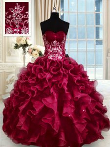 Modern Sleeveless Floor Length Beading and Appliques and Ruffles Lace Up Vestidos de Quinceanera with Wine Red