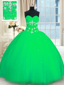 Graceful Sweetheart Sleeveless Quinceanera Gowns Floor Length Appliques Green Tulle