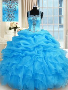 Glorious Baby Blue Straps Neckline Beading 15th Birthday Dress Sleeveless Zipper